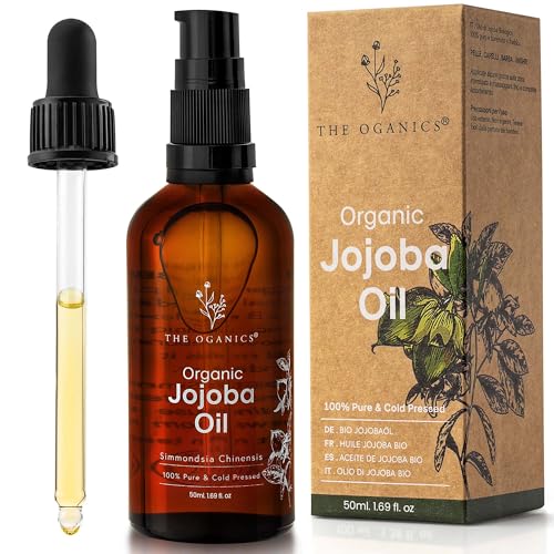 THE OGANICS® Aceite de Jojoba Orgánico 50 ml - 100% Puro, Natural y Prensado en Frío - Rostro, Cuerpo, Cabello, Barba, Uñas - Vegano, Hexano - Jojoba Oil - Botella de Vidrio + Pipeta + Dosificador