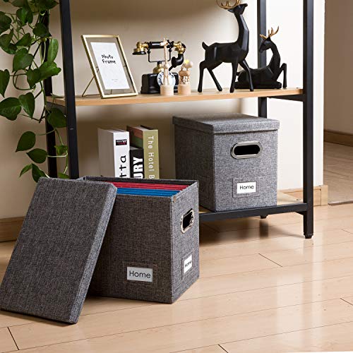 Prandom File Organizer Box - Set Of 2 Collapsible Decorative Linen Filing Storage Hanging File Folders With Lids Office Cabinet Letter Size Grey (14X9.3X10.8 Inch) #TOP1
