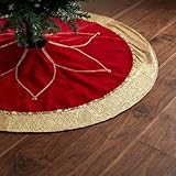 Valery Madelyn 48 inch Luxury Red Gold Christmas Tree Skirt with Flower Design, Themed with Christmas Ornaments (Not Included)