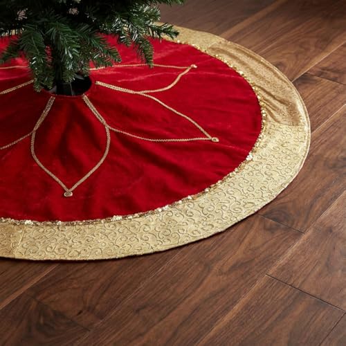Valery Madelyn Christmas Tree Skirt for Tree Decorations, 48 Inch Fabric Luxury Red Gold Large Xmas Velvet Tree Skirt with Embroidery Flower & Golden Baroque Border Tree Merry Christmas Party Decor