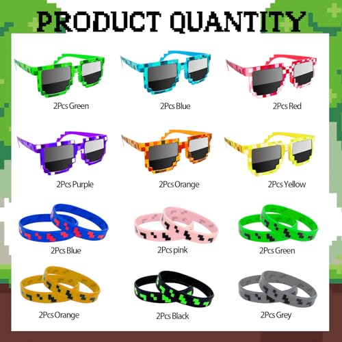 24Pack Pixel Theme Party Favors, 12 Pixelated Sunglasses and 12 Silicone Bracelets, Video Game Gamer Ideal Gift for Kids and Adults Birthday Party Decorations Supplies3