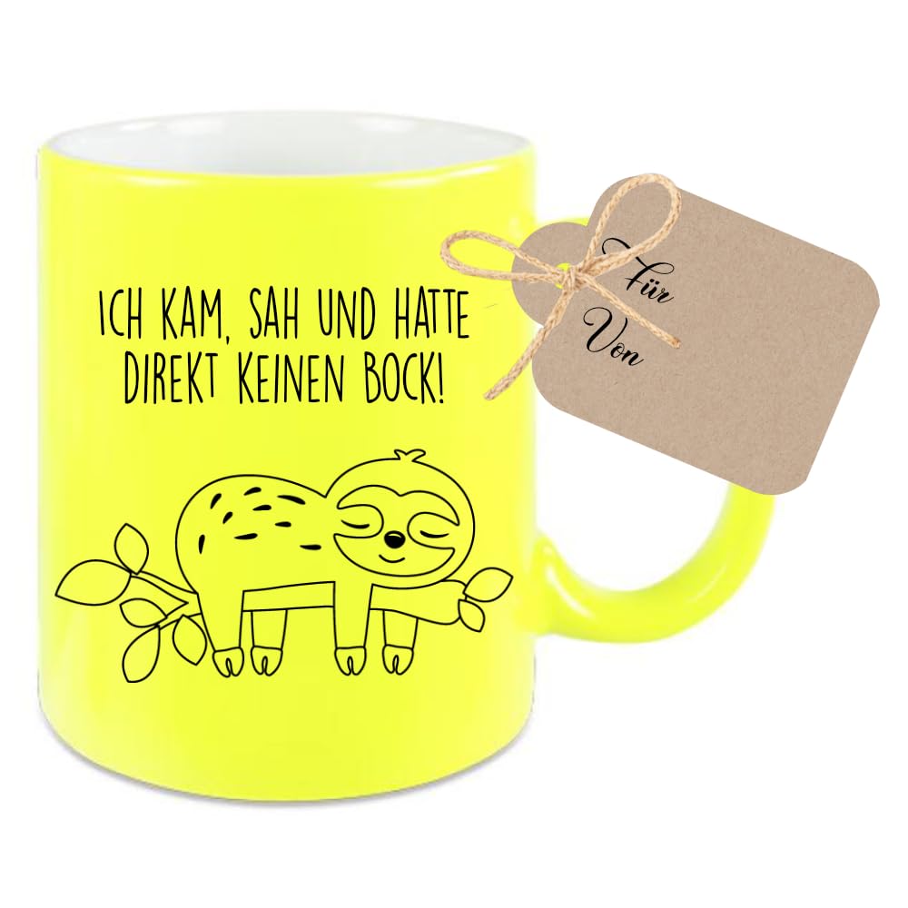 Manufaktur Liebevoll Tasse mit Spruch Tasse Faultier: Ich kam, sah und hatte direkt keinen Bock! Bürotasse mit Spruch Kaffeetasse Keramik (Faultier, Gelb)