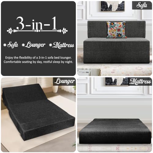 Image of Los Angeles Foldable One Seater Sofa Cum Bed, Sofa Bed 3 X 6 Feet Jute Fabric Washable Cover- Including Cushion Perfect for Living Room - Black