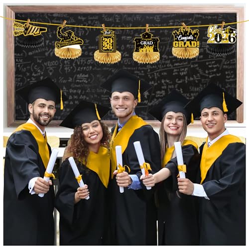 Image of 2026 Graduation Party Decorations - 8 Pcs Black Gold Class of 2026 Graduation Party Decor Honeycomb Centerpieces for Tables Congratulate for 2026 Congrats Grad Party Supplies