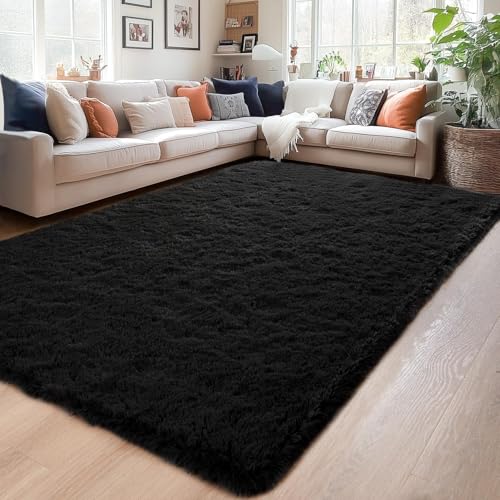 Image of Carpet for Hallway, Kitchen, and Modern InteriorsCarpetCozy Shag Runner for Living Room, Bedroom & Office Decor ETC Size 5x8 feet, Patten-Solid Black