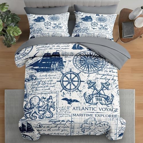 Comforter Set Queen Size, Nautical Anchor Sailor Grey 7 Pcs Beddi...