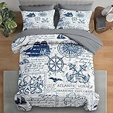 Pamnest Comforter Set Queen Size, Nautical Anchor Sailor Grey 7 Pcs Bedding for Kids and Adults, Ocean Vintage Sea Bed Sheet Sets with Fitted Sheet 2 Pillowcases & 2 Shams for Bedroom Bed Decor