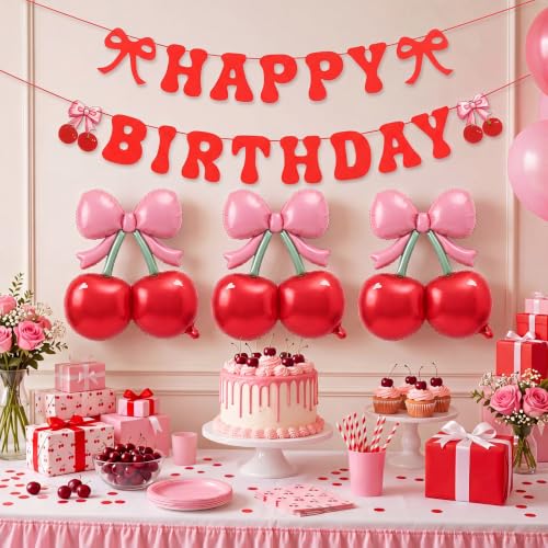 Image of Jetec 4 Pcs Cherry Birthday Decorations 3 Pink Bow Red Foil Cherries Balloons 1 Happy Birthday Pre-strung Cherry Banner for Girl Women Summer Fruit Pop up Baby Shower Decor Party Supplies