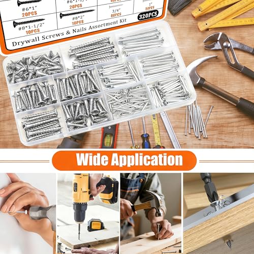 Image of Dianrui Nails & Wood Screws Assortment Kit, 320 PCS #6#8 Philips Drywall Screws Set and High Hardness Hardware Small Nails for Picture Hanging /DIY Repair Project Length 1 /2 inch to 2 inch