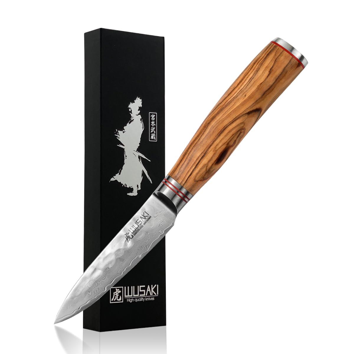 Wusaki - Couteau d'Office Design Japonais Lame Damas 9cm en Acier Inox 10Cr Manche Olivier - Vendu dans un Coffret Cadeau