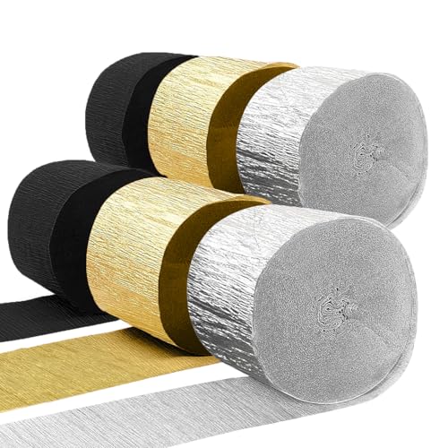 Image of PheiLa Crepe Paper Streamers 6 Rolls 492ft, Black and Gold Crepe Paper Graduation Party Decorations DIY Gift Wrapping Birthday Holiday Party Decor, 1.77 Inch x 82 Ft /Roll