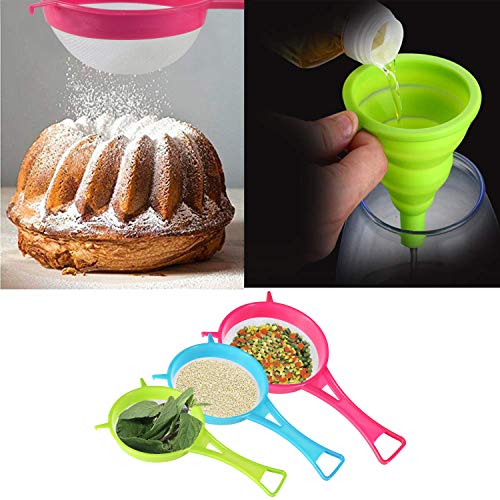 Benbo 4Pcs Plastic Mesh Strainer Colander Set, Food Soy Milk Flour Sieve Long Handle Icing Sugar Sifters Fine Strainer Tea Filter And 2 Pcs Silicone Foldable Funnel For Kitchen #TOP5