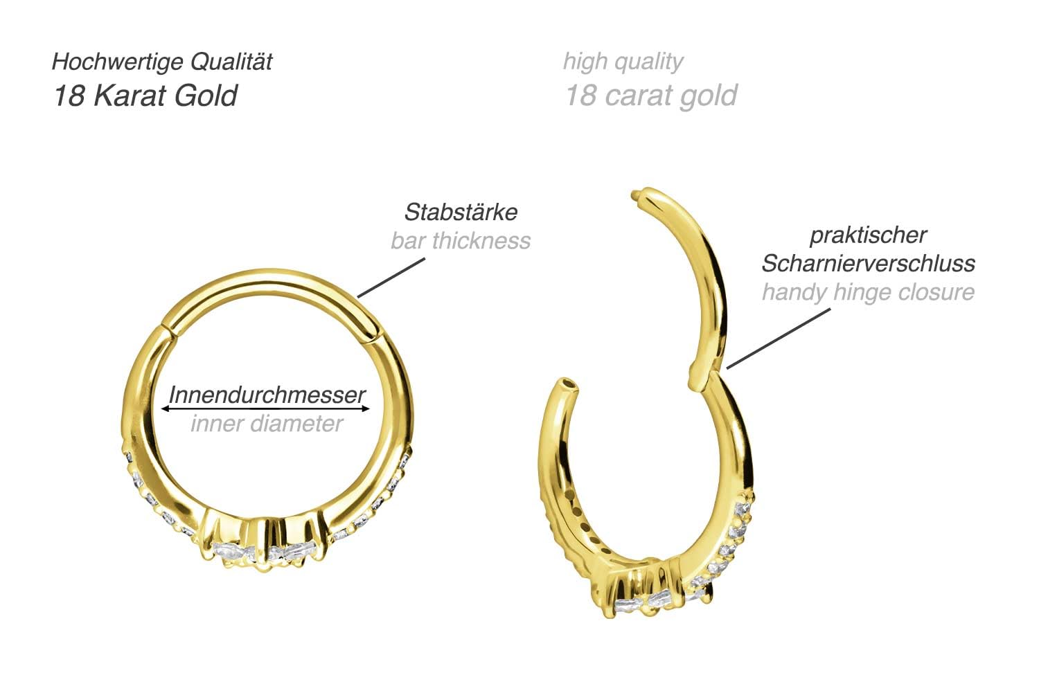 PIERCINGLINE 18 Karat Gold Piercing für Nase, Septum, Ohr, Helix oder Tragus Segmentring Clicker KRISTALLBLUME + EINGEFASSTE Kristalle