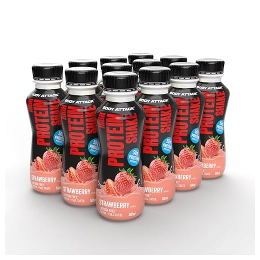 Body Attack High Protein Shake - Strawberry, 12 x 500 ml - je 50 g Protein - kalorienarmer Protein Shake für Muskelaufbau - Fertigdrink mit Milcheiweiß, inkl. Pfand