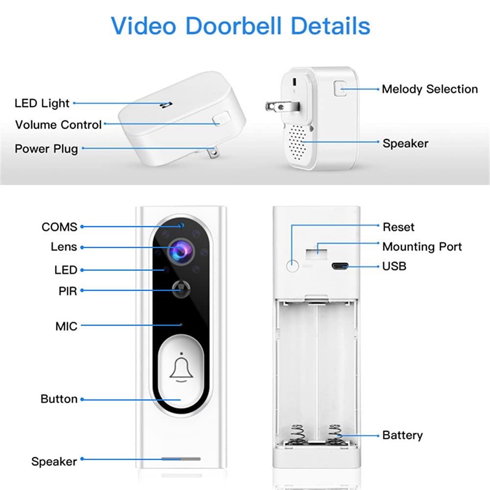 Amplio Ángulo Inteligente De Vídeo Timbre De La Puerta, Video Timbre Inalámbrico con El Carillón, Fácil Instalación, Estreno De Una Casa De Regalos, para iOS Y Android,Negro