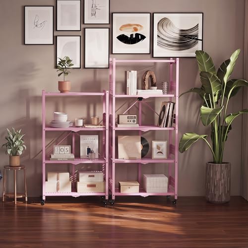 Image of WORKPRO 4-Tier Folding Shelf, No-Assembly Metal Storage Rack with Wheels, 600 lbs Capacity (with Leveling Feet), Collapsible Shelving Unit for Kitchen, Pantry, Closet & Craft Shows - Pink
