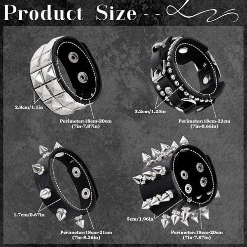 4Pcs Spiked Studded Bracelet Black Leather Punk Bracelet Cuff for Men Women Adjustable Metal Wristband Gothic Accessories3