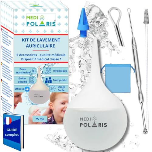 MEDIPOLARIS | Kit poire lavement auriculaire, seringue oreille, translucide 75mL, 5 accessoires d'irrigation des oreilles + cure oreille réutisable