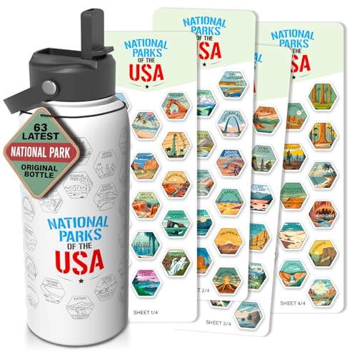 National Parks Water Bottle With Waterproof Stickers Wrap Around- Stainless Steel Insulated Vacuum Sealed 32 oz With Leak Proof Lid (National Park WHITE V2)
