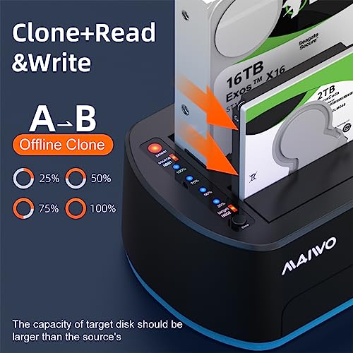 MAIWO Dual Bay RGB SATA to USB 3.0 Hard Drive Docking Station with Offline Clone, Duplicator for 2.5 and 3.5 Inch HDDs and SSDs, UASP Supported, Black - Thumbnail 3