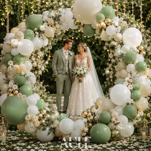 Image of AULE 155Pcs Sage Green Balloon Arch Kit Olive Sand White Balloons | Dusty Green Gold Birthday Anniversary Party Decorations Large Helium Number Balloons Jumbo Giant Huge Mylar