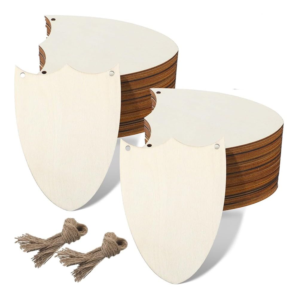 Aundhegrtt As Shown Wood Shield Bulk Cutout Crafts Set 60 Pcs Unfinished Wooden Decorate Gifts Tags With Ropes
