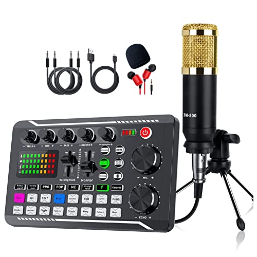 Janasiba Kit de tarjeta de sonido portátil, micrófono condensador PC, tarjeta de sonido en directo F998 BM800