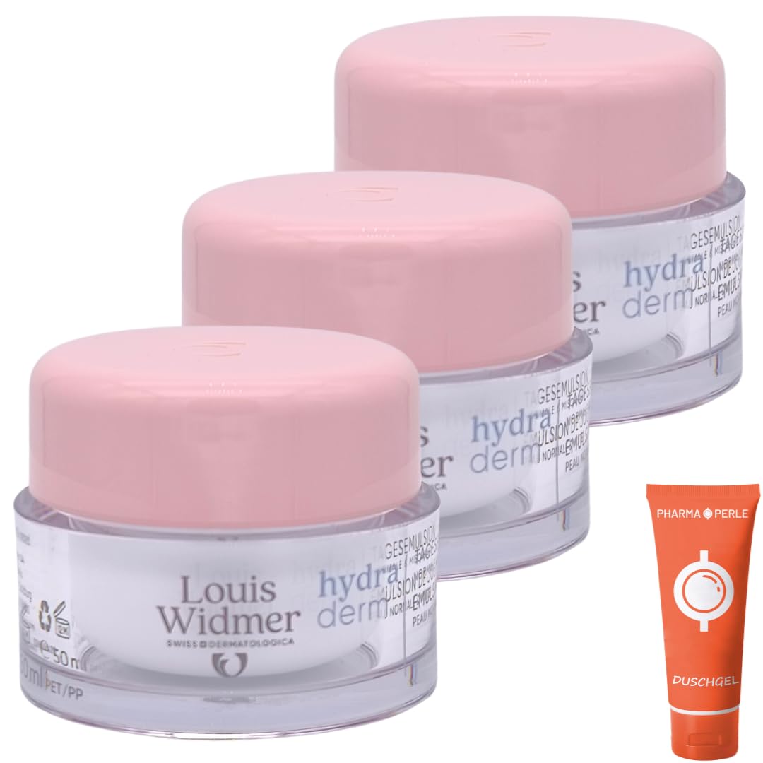 Louis Widmer hydraderm Tagesemulsion unparfümiert 3x 50 ml I für normale & Mischhaut I Anti-Ageing Tagespflege I intensive Feuchtigkeit I Hyaluronsäure I Spar-Set plus Pharma Perle give-away