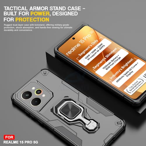 Image of AESTMO Armor Back Cover for Realme 15 Pro 5G | Ring Holder & Kickstand & Camera Protection in-Built | 360 Degree Protection Back Case Cover (Black)
