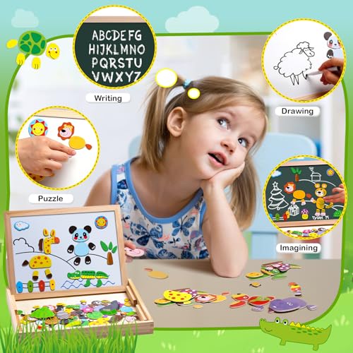 Uping Magnetisches Holzpuzzle 100 Stück, Doppelseitige Magnettafel, Zeichenbrett Farbstifte Kreiden, Wald and Tier Puzzles Spielzeug für ab 3 Jahre