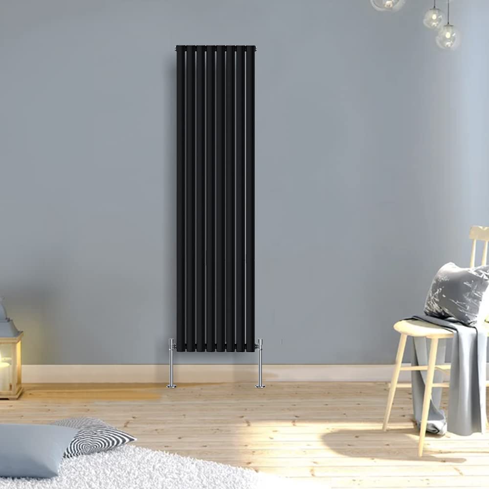 Warmehaus Modern Black Vertical Upright Tall Single Oval Panel Radiator 1800x472mm