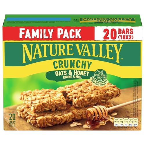 Nature Valley Crunchy Family Pack – Hafer & Honig, köstliche Vollkorn Hafer Riegel mit Honig, Snack für Schule & unterwegs, laktosefrei, 6er Pack, 10 Packungen - je Packung 2 Riegel
