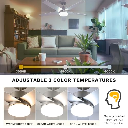 DWVO Ceiling Fans with Lights and Remote, 52 inch Silver Ceiling Fan with Reversible Quiet DC Motor, 3CCT Lighting,6 Speed, 5 Blade Fan for Bedroom Living Room