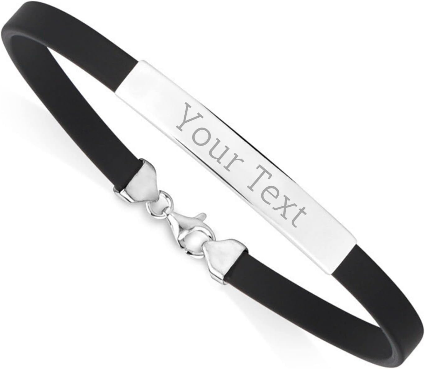 Massete Sterling Silver 925 Engravable Men’s ID Bar Bracelet – Black Rubber, Braided or Flat Synthetic Leather Band, Black or Brown, Comes in 2 Lengths