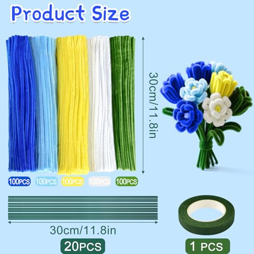 Image of ASTARON 521 Pcs 5 Colors Art Chenille Stems Pipe Cleaners Flower Making Kit | Blue Yellow Craft Pipe Cleaners,20 Floral Wires,Green Gardening Tape, Flowers Making Kit,Polyester Fluffy Pipe Cleaners Set