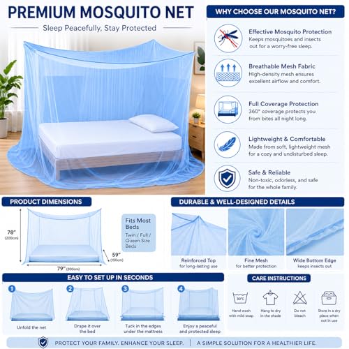 Image of BENAVJI Foldable Machardani Single Bed | Pure Cotton Mosquito net (Blue, 3.5FT X 6FT) | Strong, Breathable, Lightweight, Portable & Ideal for Daily Usage | Full Protection for Home & Travel