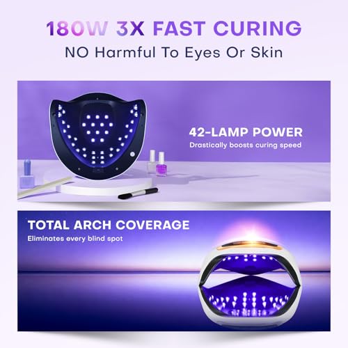 Image of UV Nail Lamp, 180W LED Nail Dryer for Gel Polish, Touch Screen, 42 Beads