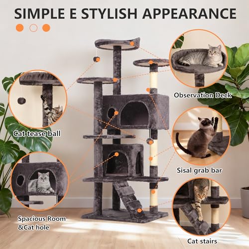 Image of BestPet | 54 inch Cat Tree Tower | Purple Gray | Sturdy Multi-Level Cat Tree