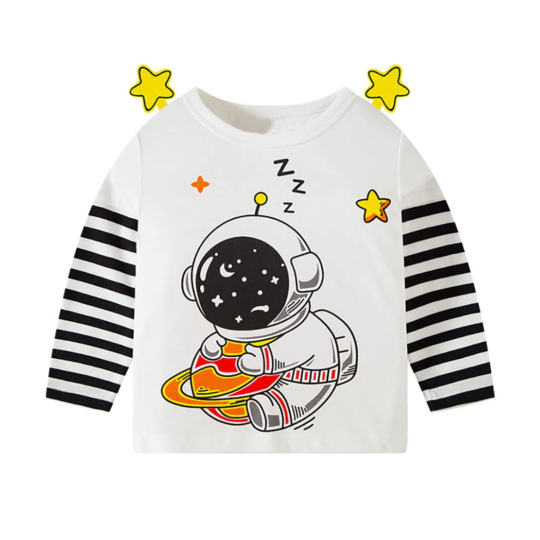 Camiseta de manga larga para niños, lindas camisetas para niñas, diseño de animales, astronauta espacial, rayas blancas y negras
