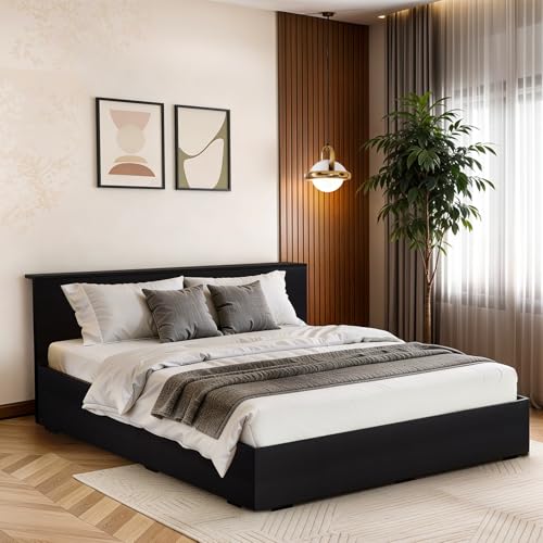 Image of ABOUT SPACE Bed - (84 x 74 inches) King Size Bed Without Storage | Engineered Wooden Bed Frame with Headboard & MDF Support Board for Mattress | 1-Year Warranty Cot for Bedroom - Smoked Pine