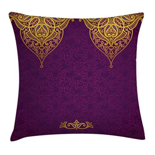 Ambesonne Purple Throw Pillow Cushion Cover, East Oriental Royal Palace Patterns With Bohemian Style Art Traditional Wedding, Decorative Square Accent Pillow Case, 20" X 20", Yellow Purple #TOP6