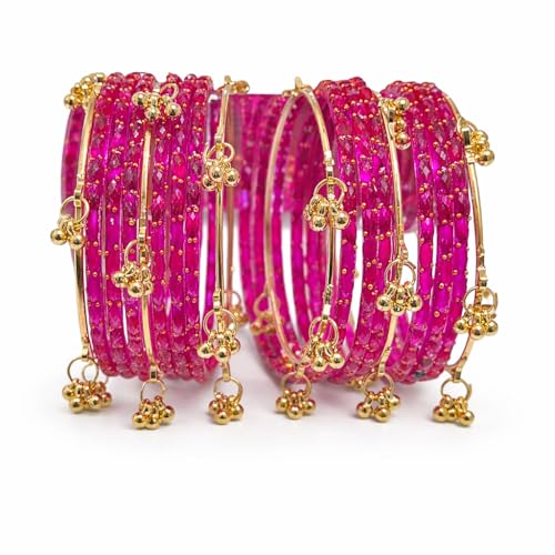 Image of Kashmiri Ghangharoo Glass Bangle Set for Women| Light Weight Bangles | Traditional Transparent Fancy Glass Chudi Set for Wedding, Party|Set Of 16(12 Glass + 4 ghungroo bangles)