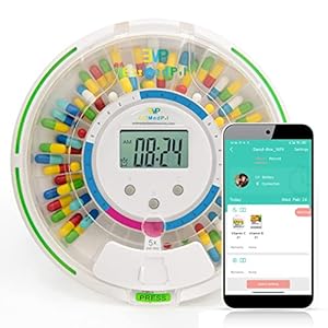 EziMedPil Bluetooth Pill Dispenser w/Audio & Visual & App Alerts, up to 9 Alarms/Day, 9 Dosage Templates, 28-Day Medication Dispenser w/Key for Prescriptions, Vitamins & More, Clear Lid