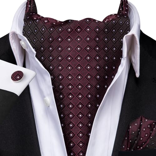 Image of Hi-Tie Silk Ascot for Men Self Tie Men's Cravat and Flower Lapel Pin Handkerchief Cufflinks Set for Wedding Party