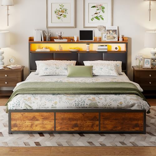 BRYXR Moderno letto matrimoniale in metallo con illuminazione a LED, 4 pratici cassetti ed elegante letto in poliuretano, ideale per adulti e ragazzi (telaio in ferro smerigliato, 140 x 200 cm)