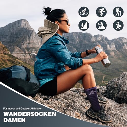 Effeet Wandersocken Damen 39-42 35-38, 3 Paar Baumwolle Gepolsterte Sportsocken, Atmungsaktive Laufsocken Tennissocken, Anti Blase Trekkingsocken, Crew Outdoor Socken Damen, Lila Grau 39-42