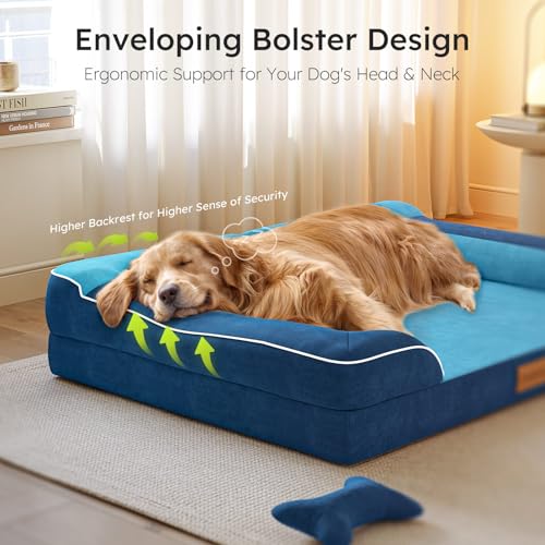 Image of CWAWZ Extra Large Dog Bed, Orthopedic Dog Bed with Cooling Gel Memory Foam, Waterproof XL Pet Bed with Removable Washable Cover, 42 inch Pet Sofa Couch Dutch Velvet with Bone Toy, Navy Blue