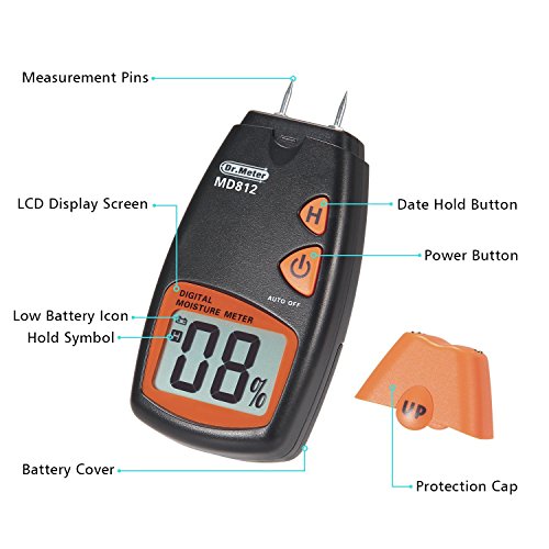 Wood Moisture Meter,Dr.meter Damp Meter，2 pins Portable Wood Water Moisture Tester, HD Digital LCD Display with 2 Spare Sensor Pins and one 9V Battery(Both Included) Range 5% - 40%,Accuracy: +/-1%