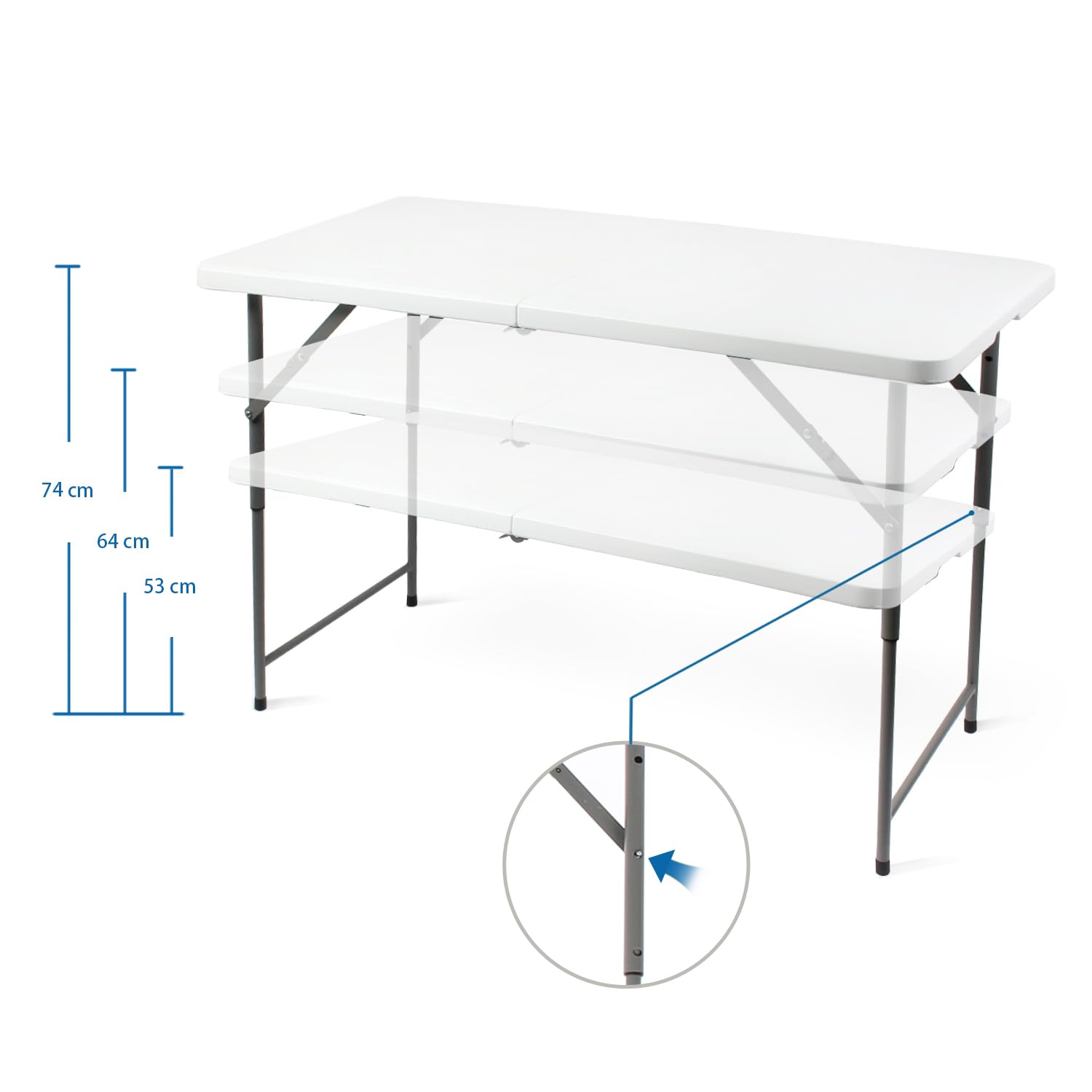 Todeco Table de Camping Pliante réglable en Hauteur, 120x60x74cm | Transportable Pieds de table antidérapants, avec poignées Charge Maximale: 70 kg