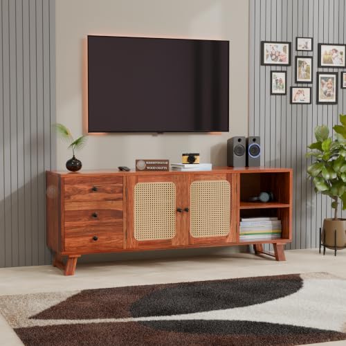 Image of Solid Wood TV Entertainment Unit with 3 Drawers, 2 Cane Doors & Open Storage Shelf | Wooden TV Stand & Media Console Cabinet for Living Room | Mid-Century Modern Television Cabinet | Walnut Finish